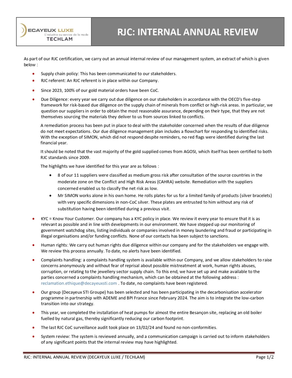RJC INTERNAL ANNUAL REVIEW | Supply of metal components and sub-assemblies
